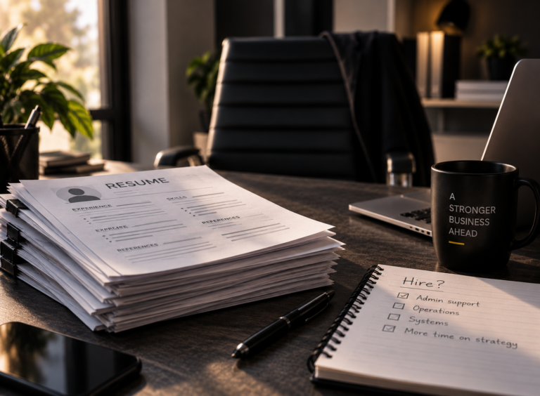 Stack of resumes on a trade business office desk representing the decision to hire a first admin or operations manager.