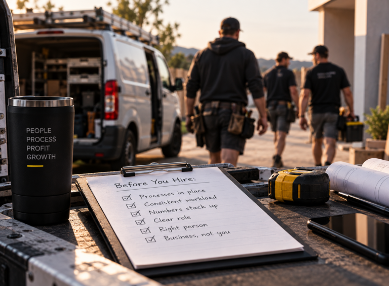 Trade business team on site with a hiring checklist covering processes, workload and business readiness before adding another employee.