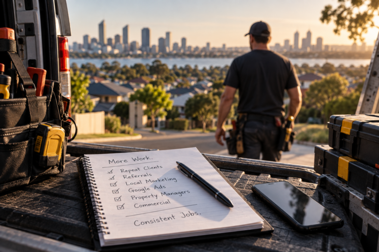 Perth tradie with tools and a lead generation plan for building more consistent work through referrals, local marketing and repeat customers.