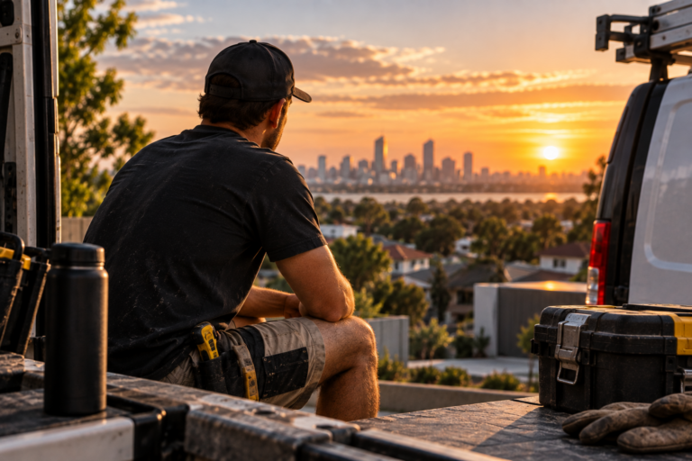 Trade business owner sitting beside his work van after a long day, reflecting on business stress, work-life balance and mental health.