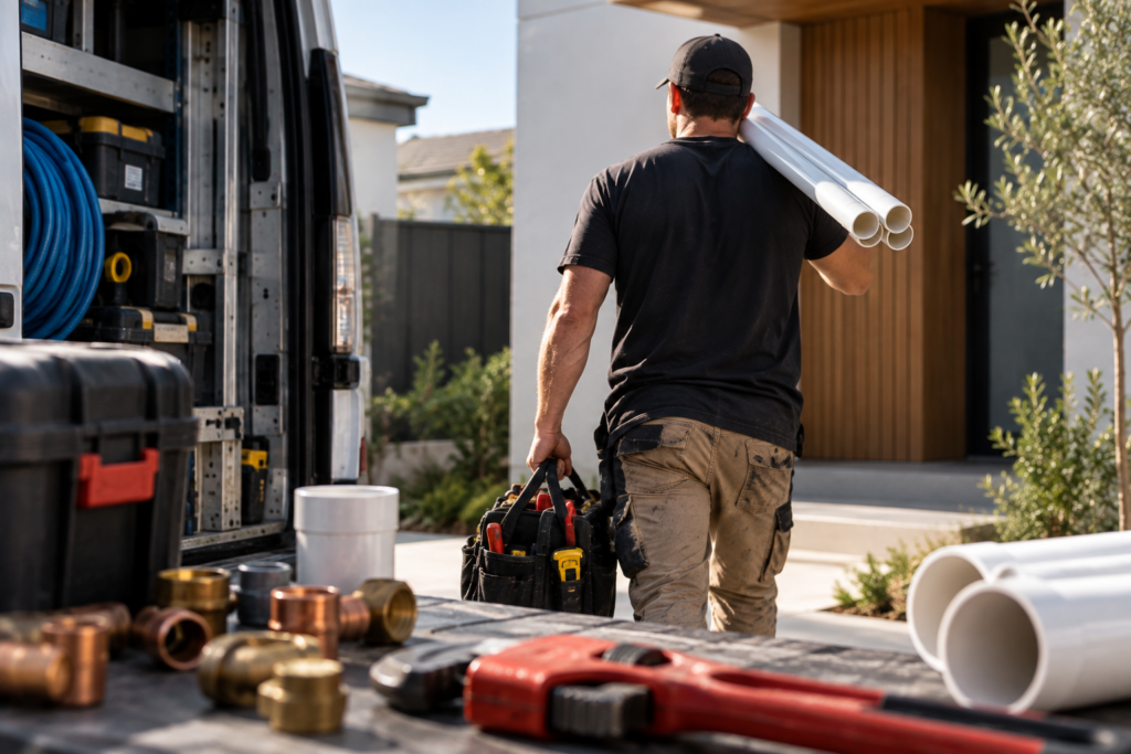 Qualified plumber carrying tools and pipework from a plumbing van to a residential job, representing hiring and growing a plumbing business team.