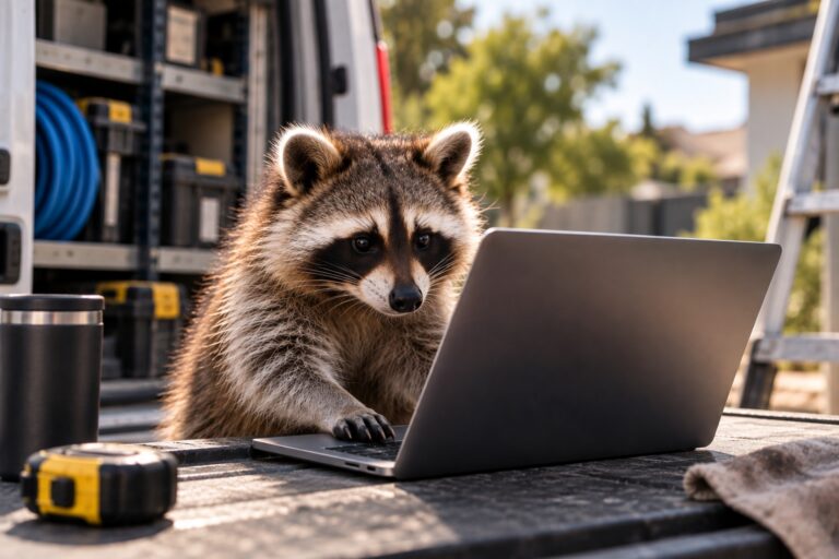 Raccoon using a laptop beside a trade work van, representing content marketing and AI search visibility for trade businesses.