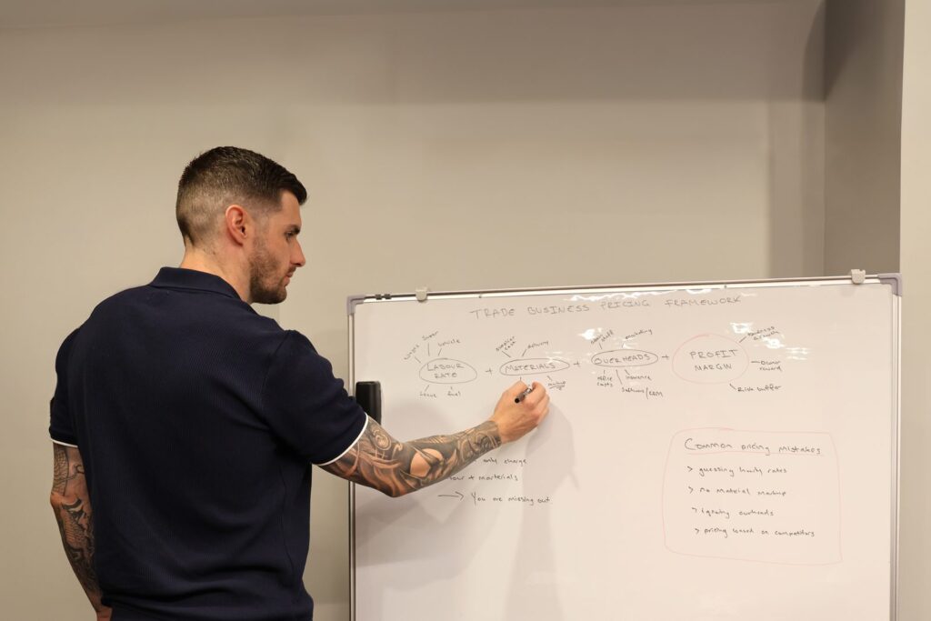 Kane Tyler Smith mapping out a trade business plan on a whiteboard