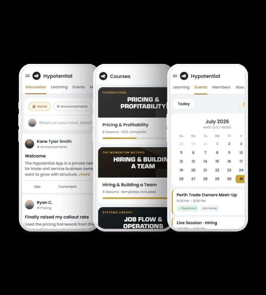 Hypotential member portal app showing community discussions, courses and the events calendar on three phone screens